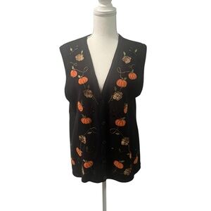 Bobbie Brooks Fall Halloween Pumpkins Appliqué Beaded Buttoned Sweater Vest